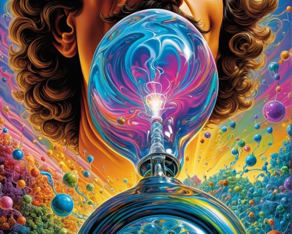 Surreal portrait of a man with curly hair and bubble