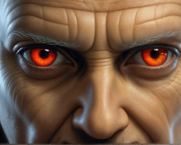 Close-up of a male face with glowing red eyes