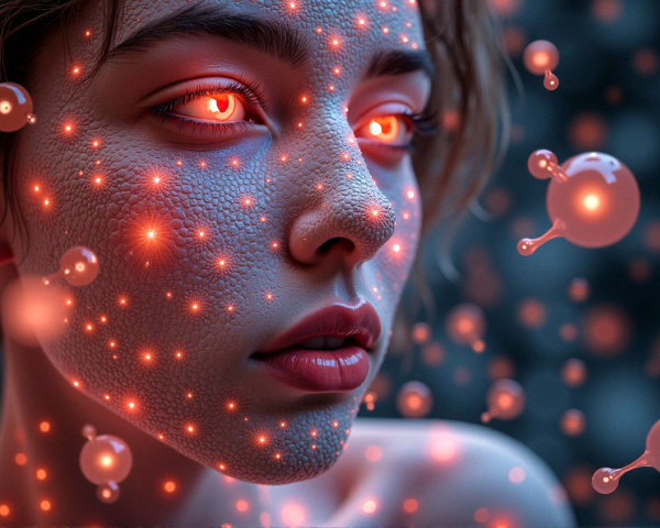 Close-Up Portrait with Luminous Eyes and Abstract Shapes