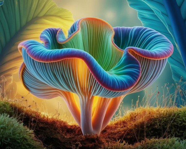 Vibrant Luminescent Mushroom in Dreamlike Landscape