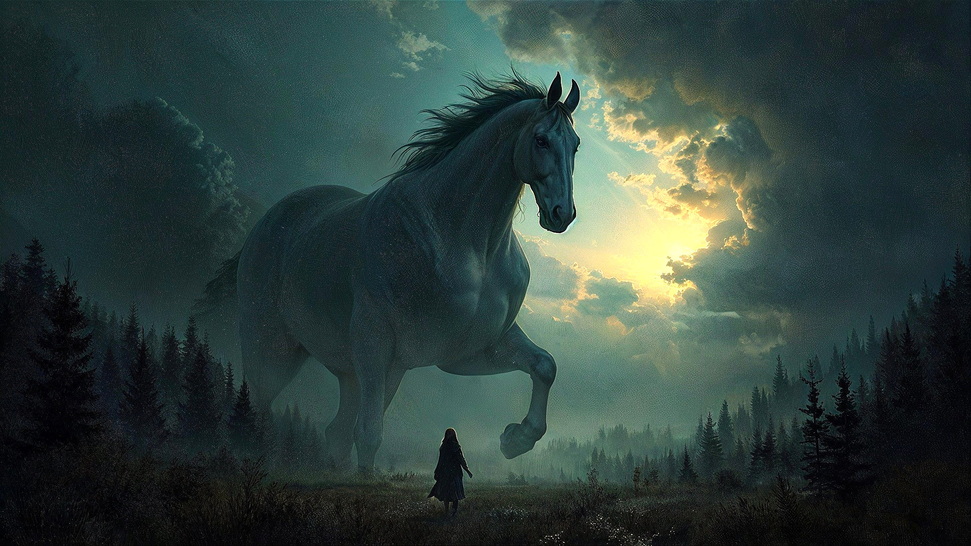 Colossal White Horse in Mystical Forest Landscape