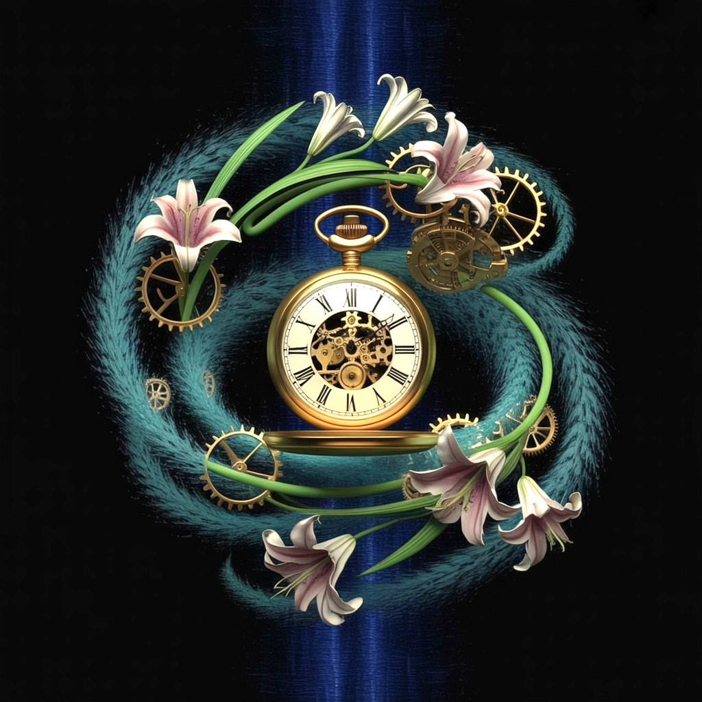 Vintage Pocket Watch with Gears and Pink Lilies