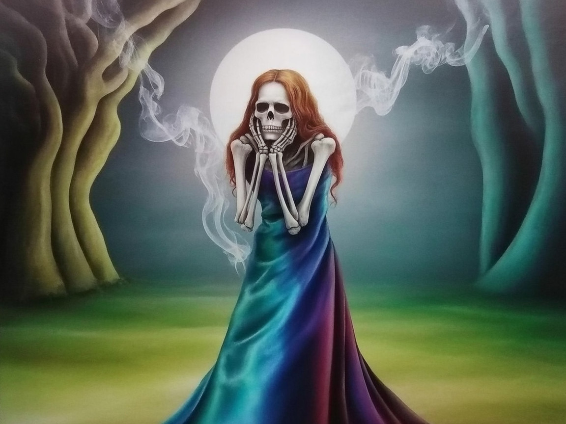 Surreal Artwork of a Skeletal Figure in a Dress