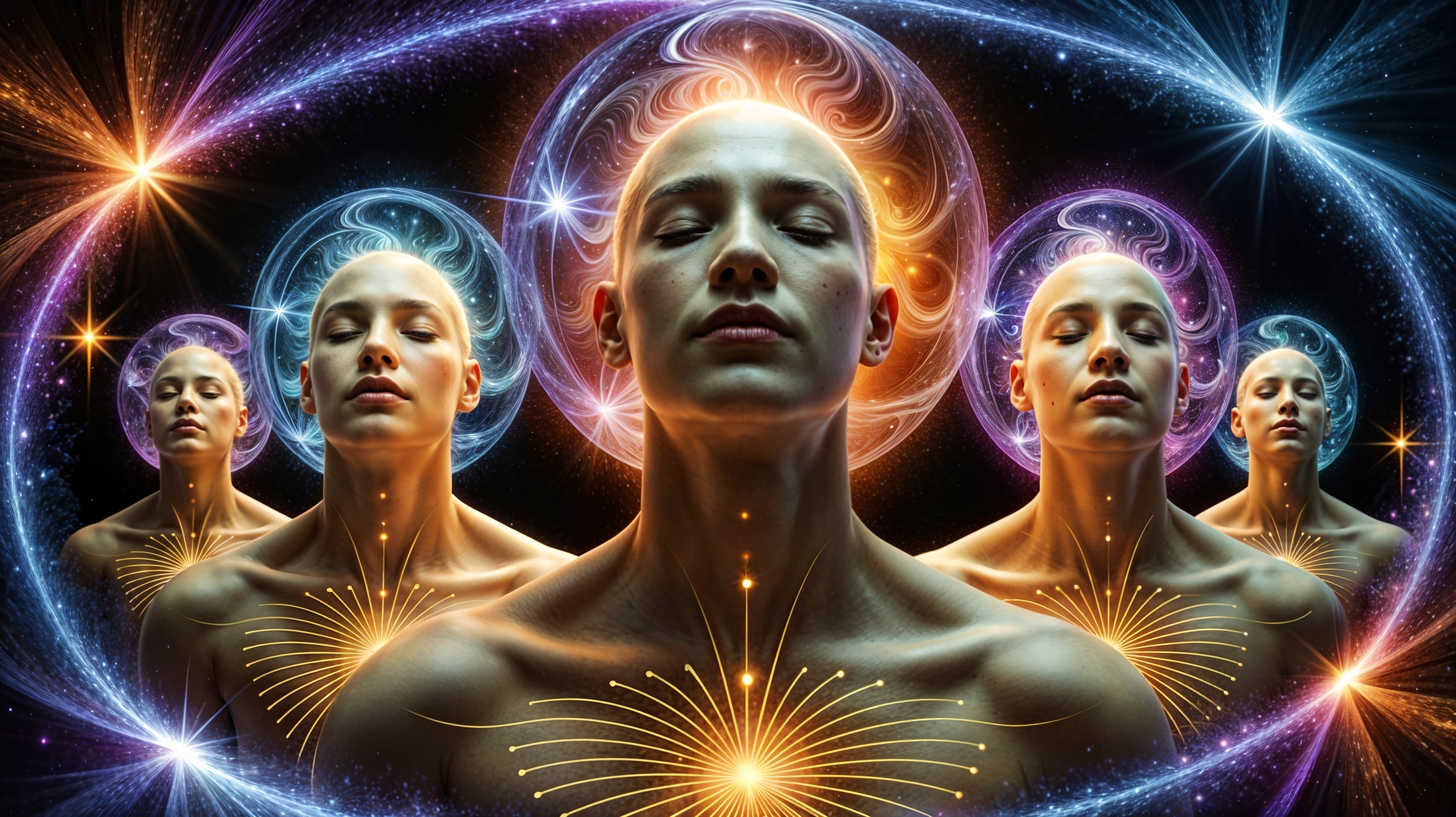 Surreal Artwork of Meditating Figures in Celestial Light