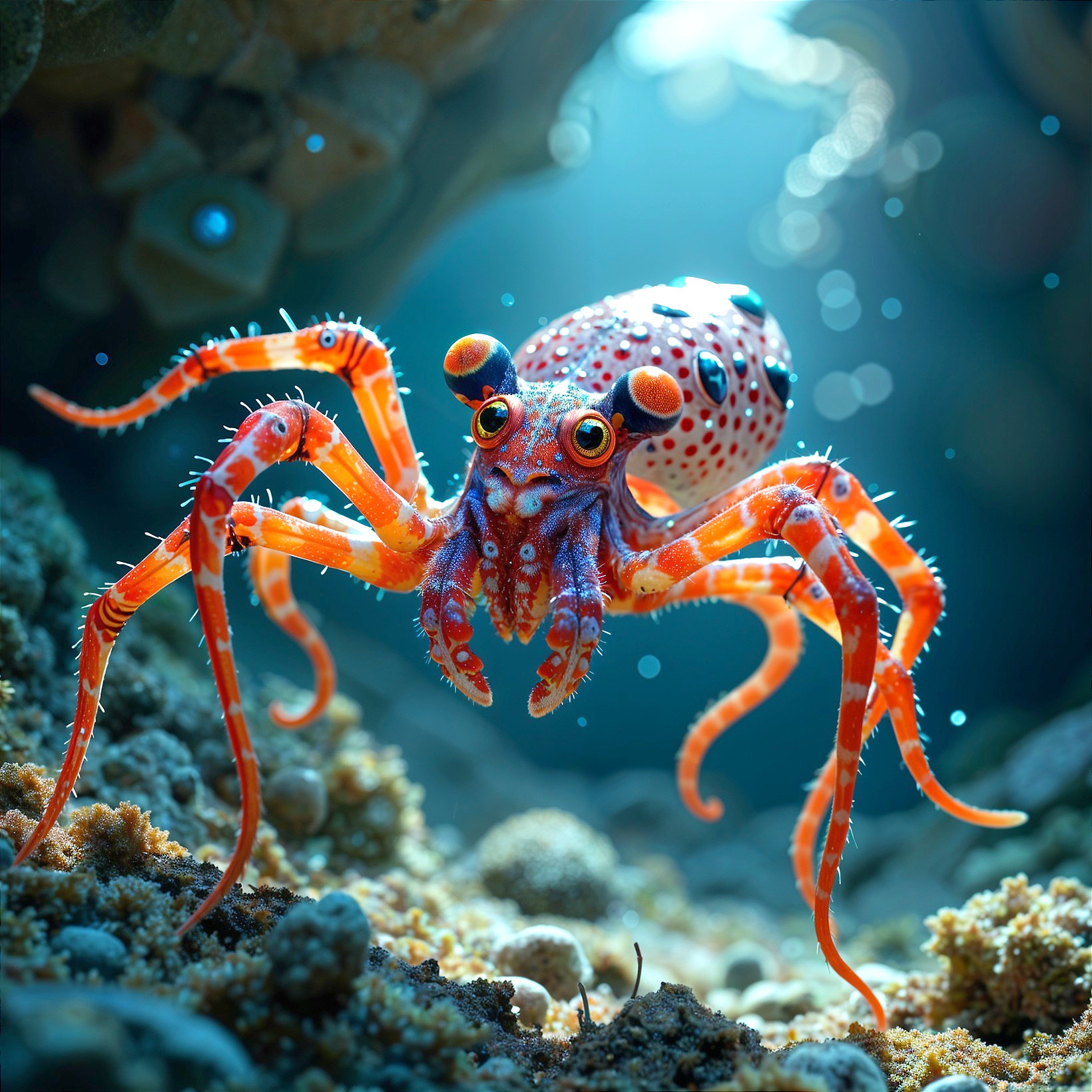 Vibrant Crab in Underwater Scene with Sunlight Rays