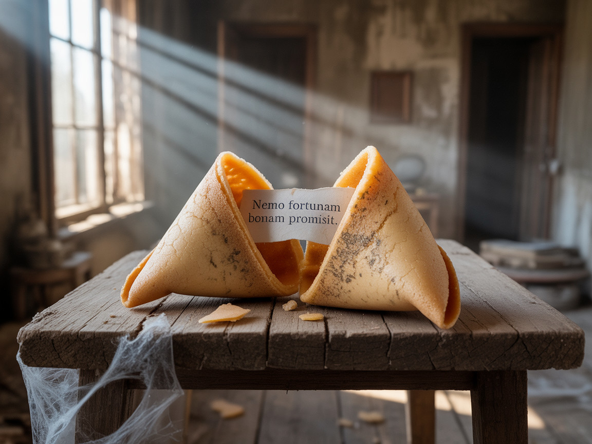 Cracked Fortune Cookie in Abandoned Room Setting