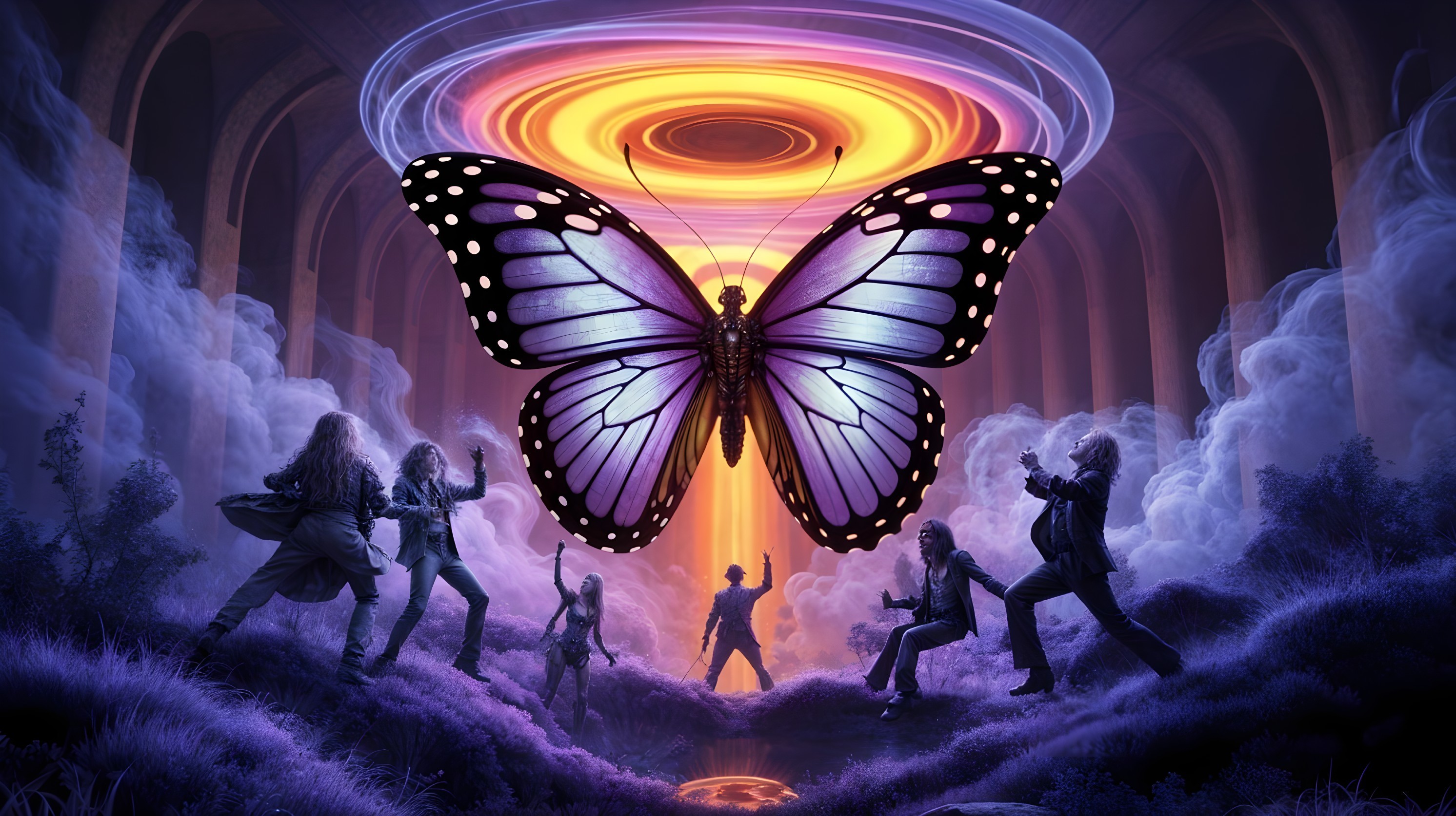 Colossal Butterfly Above Glowing Rings in Fantasy Scene