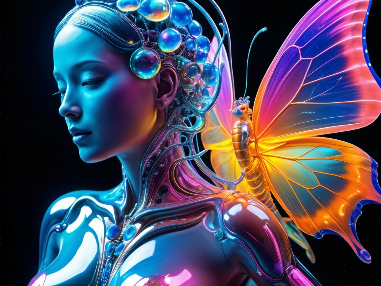 Futuristic Figure with Metallic Body and Luminous Butterfly