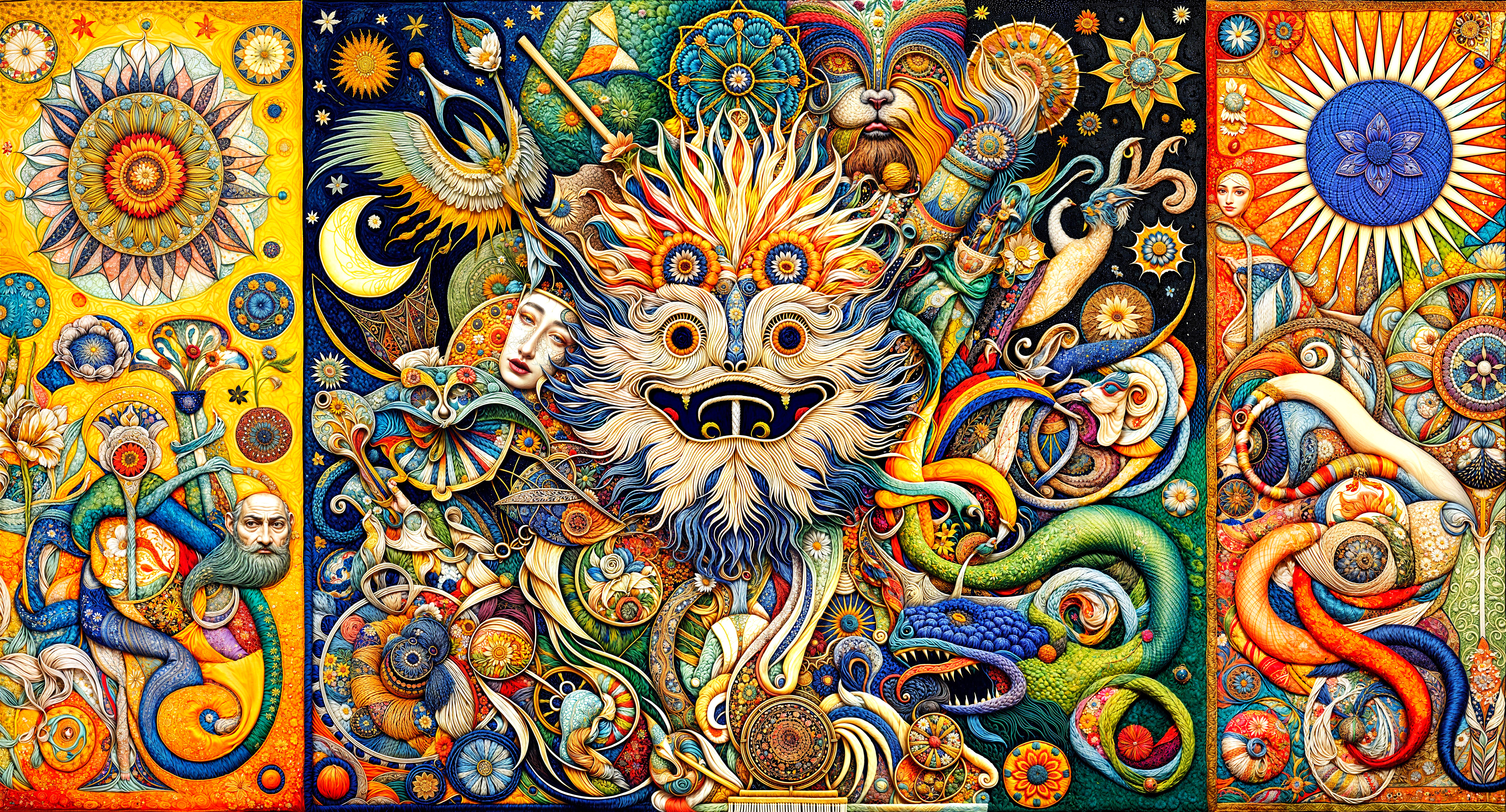 Intricate Lion's Head Artwork with Mythical Elements