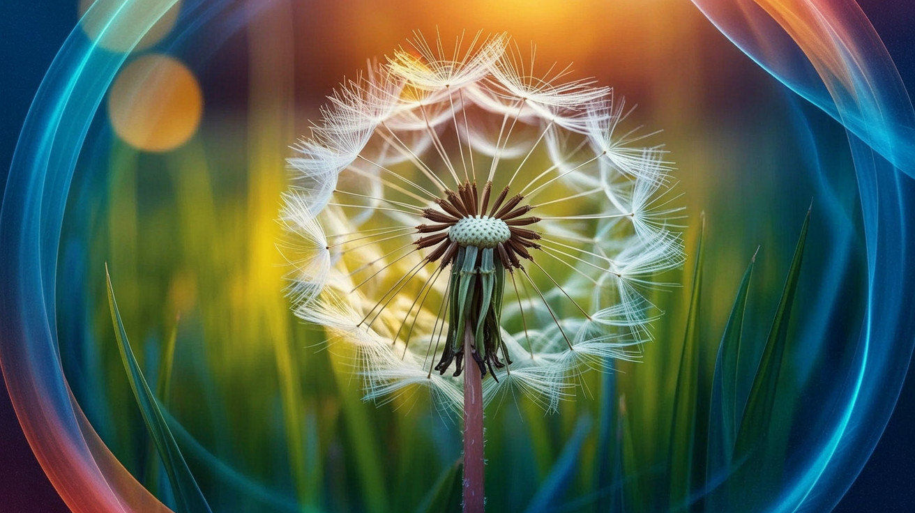 Close-up of a dandelion puffball with seeds and light