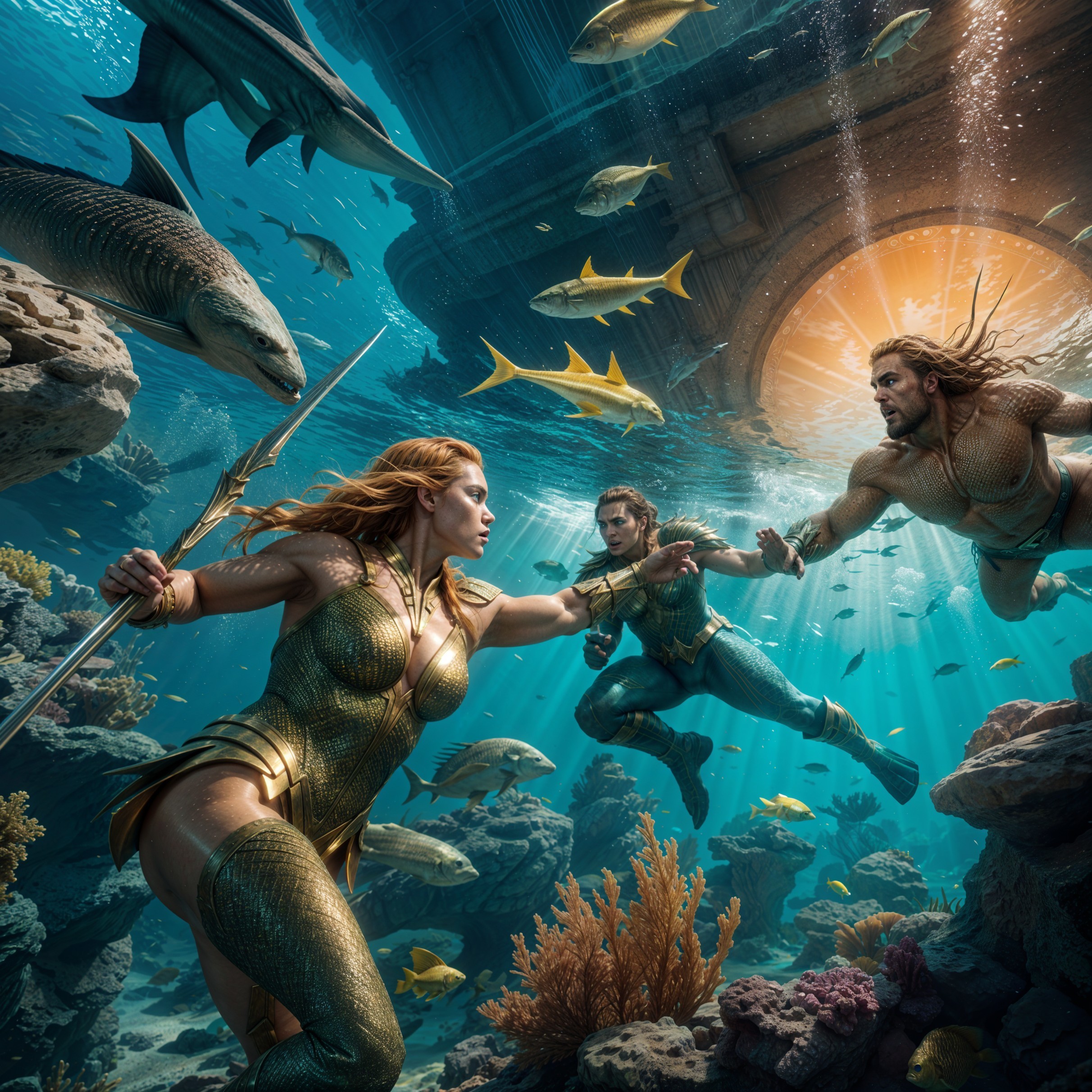 Underwater Scene with Armored Figures and Marine Life