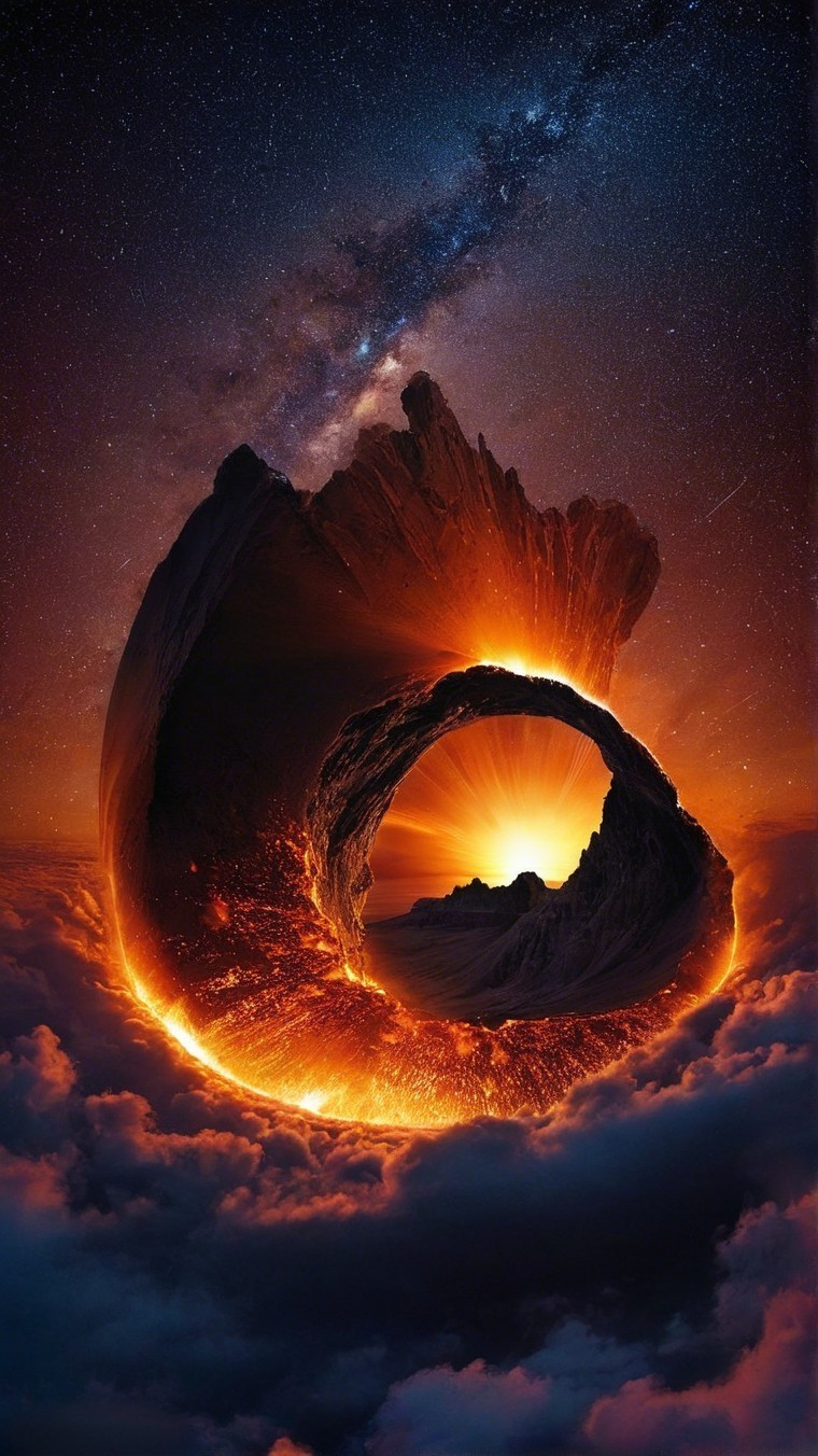 Surreal Landscape with Fiery Circular Formation and Stars