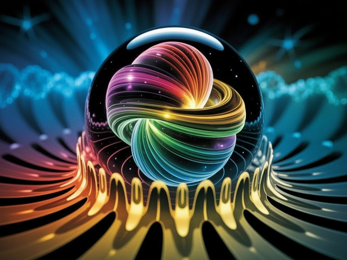 Vibrant Sphere with Swirling Rainbow Design and Waves