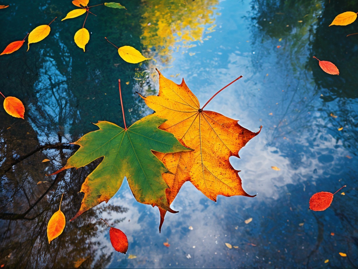 Vibrant Autumn Leaves Floating on Calm Water