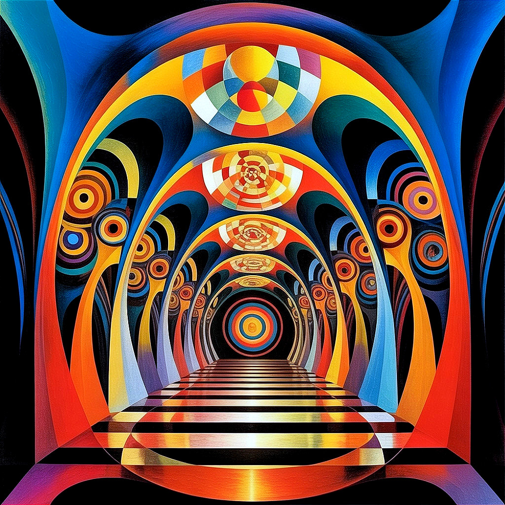 Vibrant Abstract Hallway with Colorful Arches and Patterns