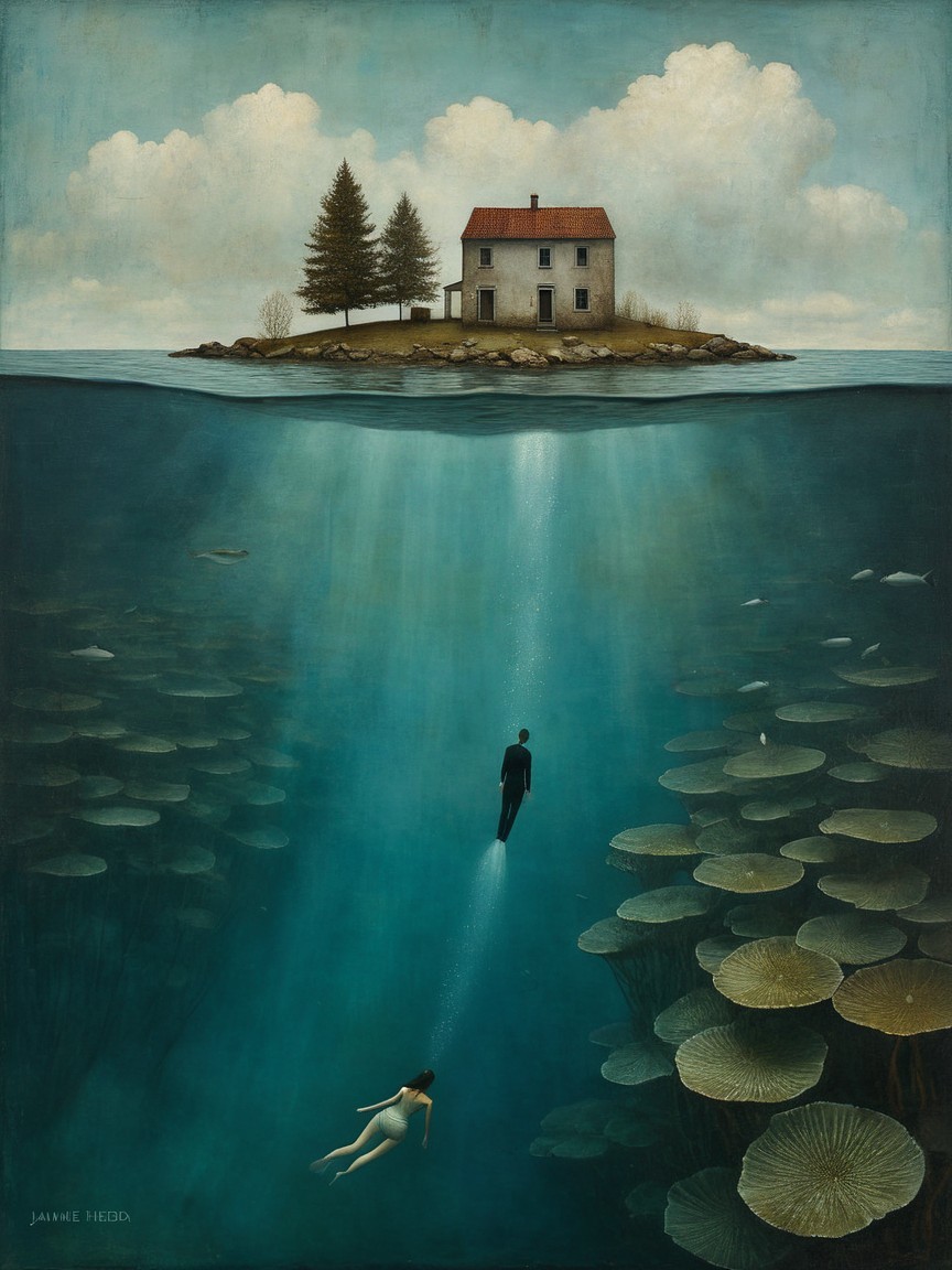 Surreal Underwater Scene with House and Swimmers