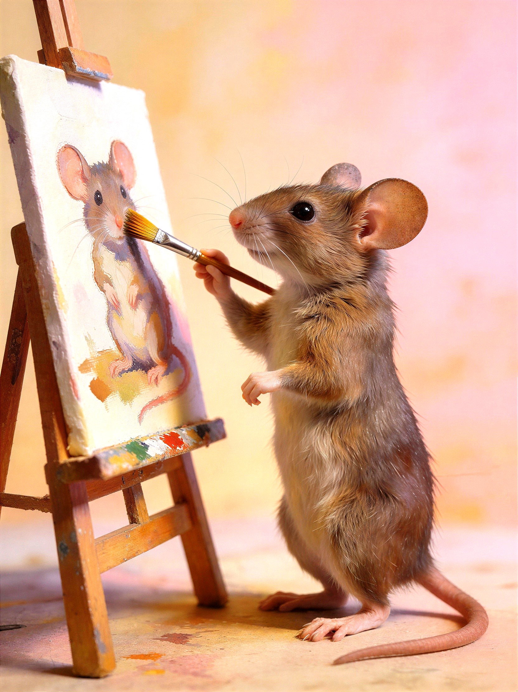 Mouse Painting a Portrait on an Easel with Palette