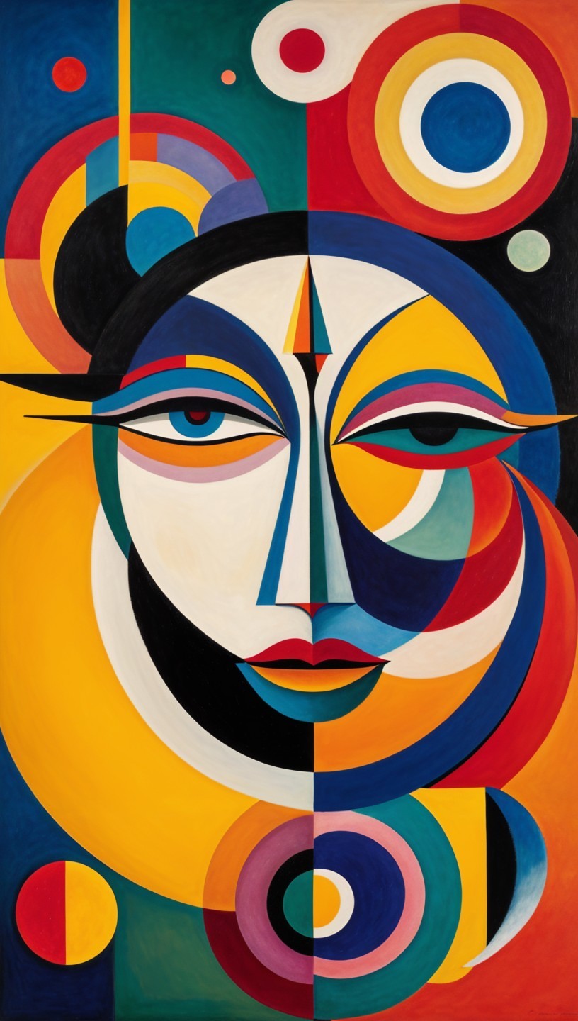 Vibrant Artwork with Stylized Face and Geometric Shapes