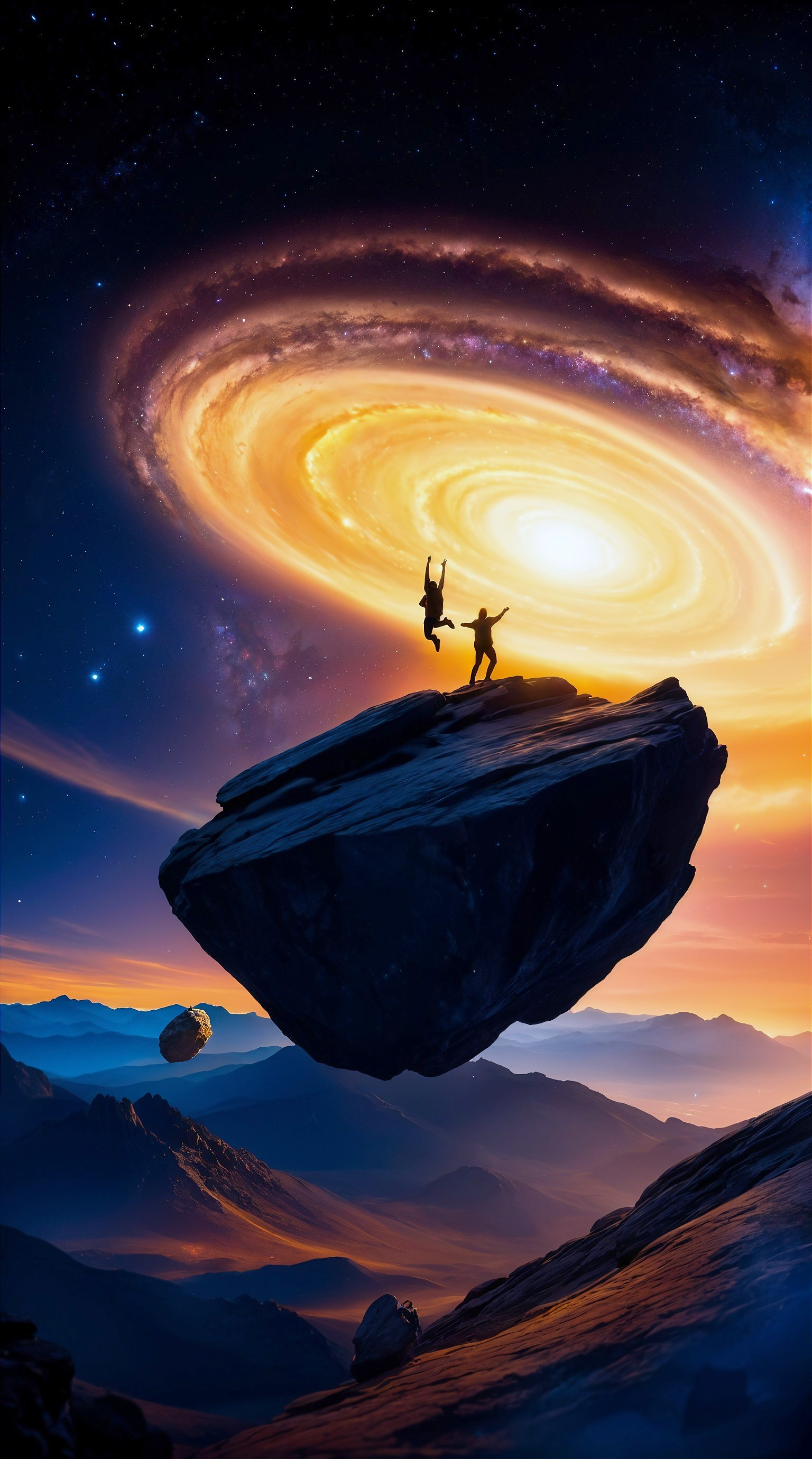 Silhouettes on Rock in Vibrant Galactic Landscape