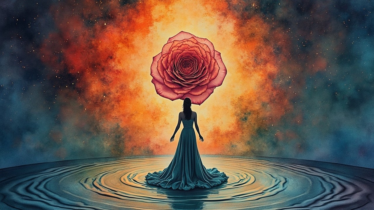 Serene figure amidst vibrant colors and cosmic themes
