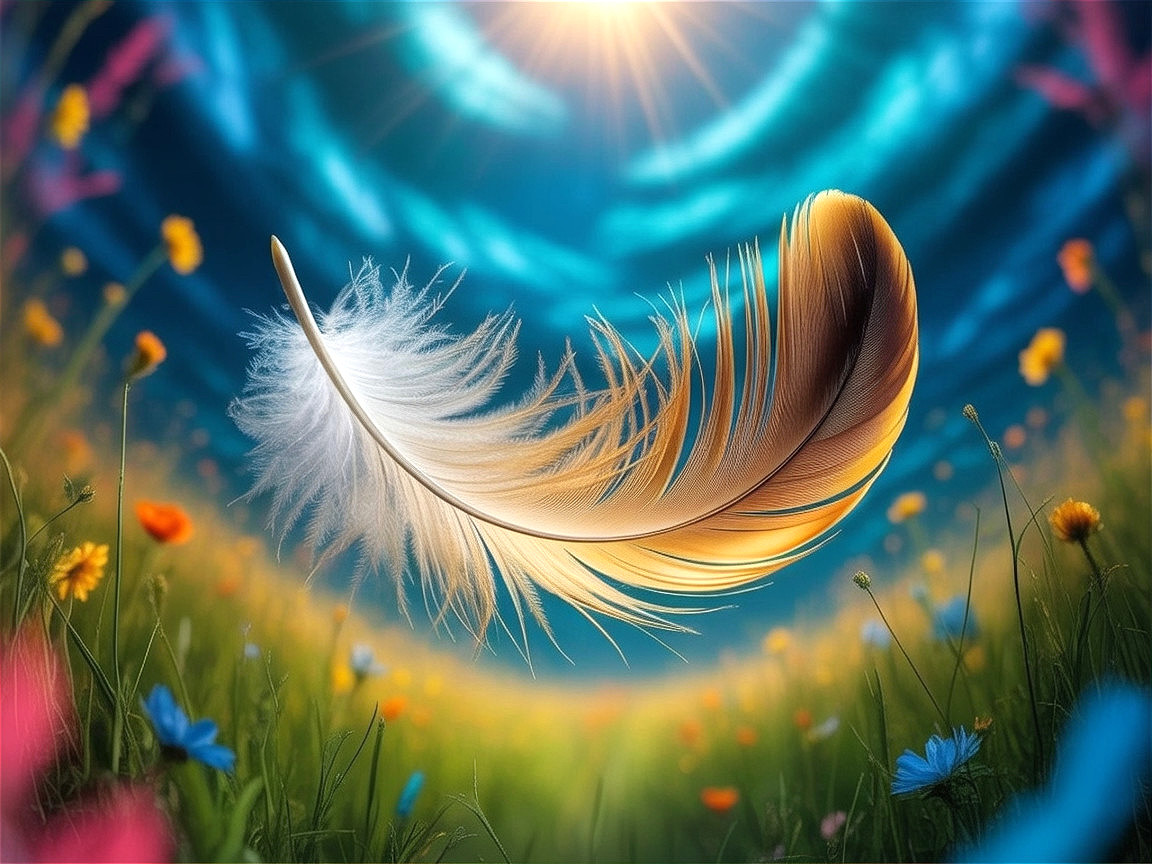 Golden and white feather above wildflower field