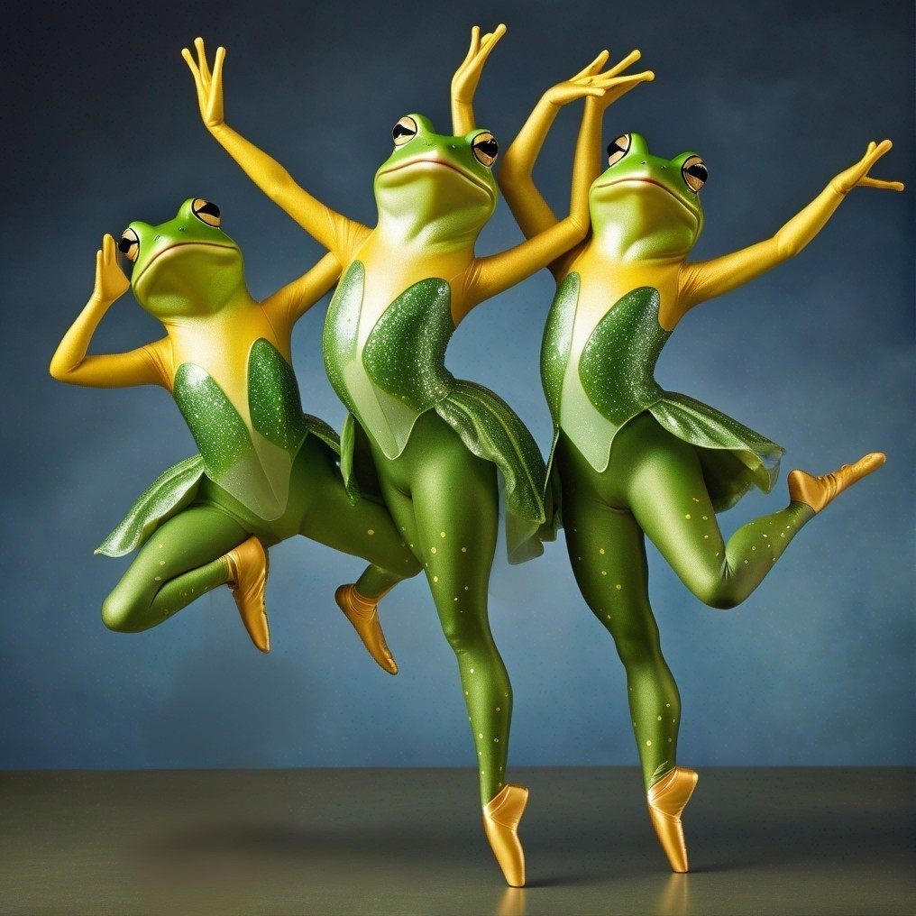 Whimsical Dancers in Green and Gold Frog Costumes