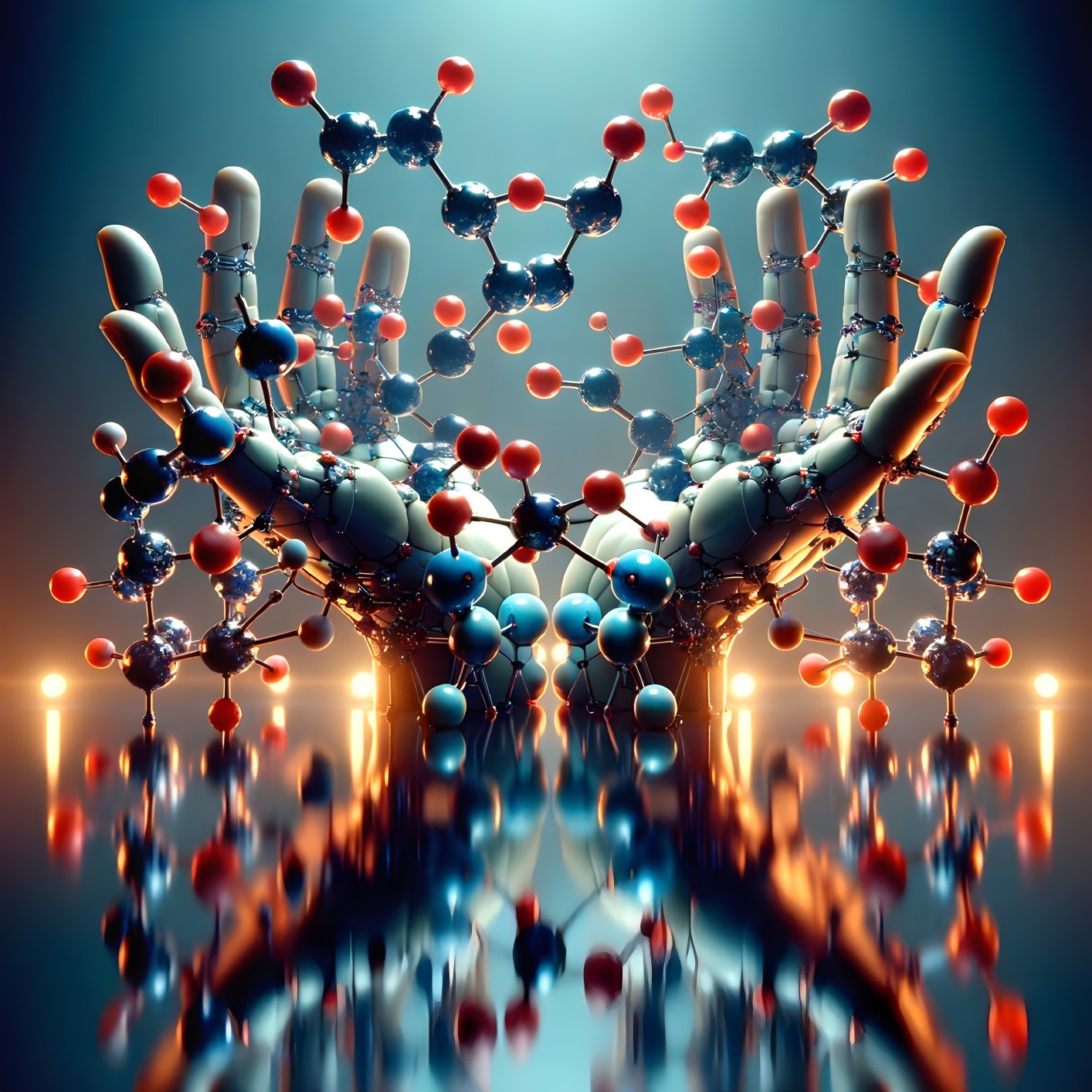 Symmetrical Robotic Hands in Molecular Structure Illustration
