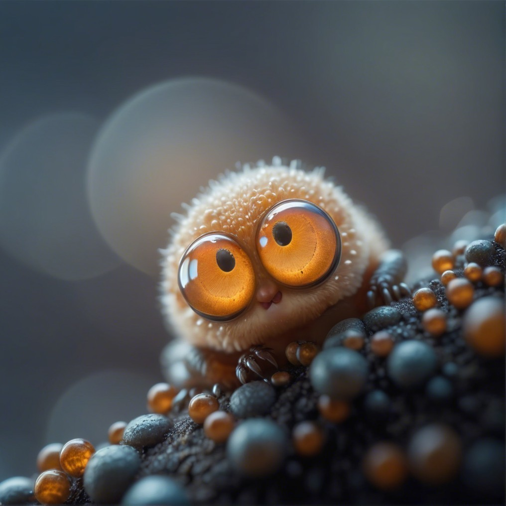 Fluffy Creature with Amber Eyes on Textured Surface