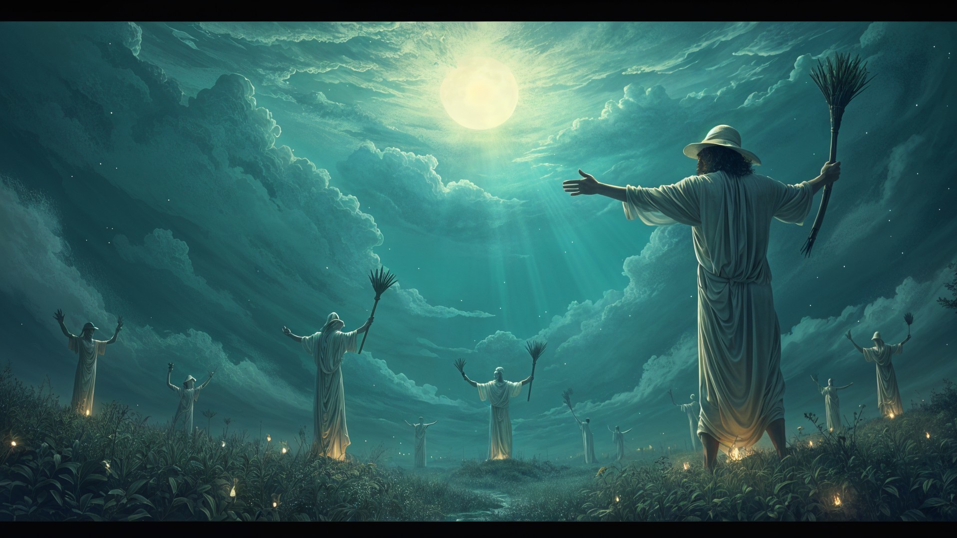 Figures in White Robes Under a Full Moon Landscape