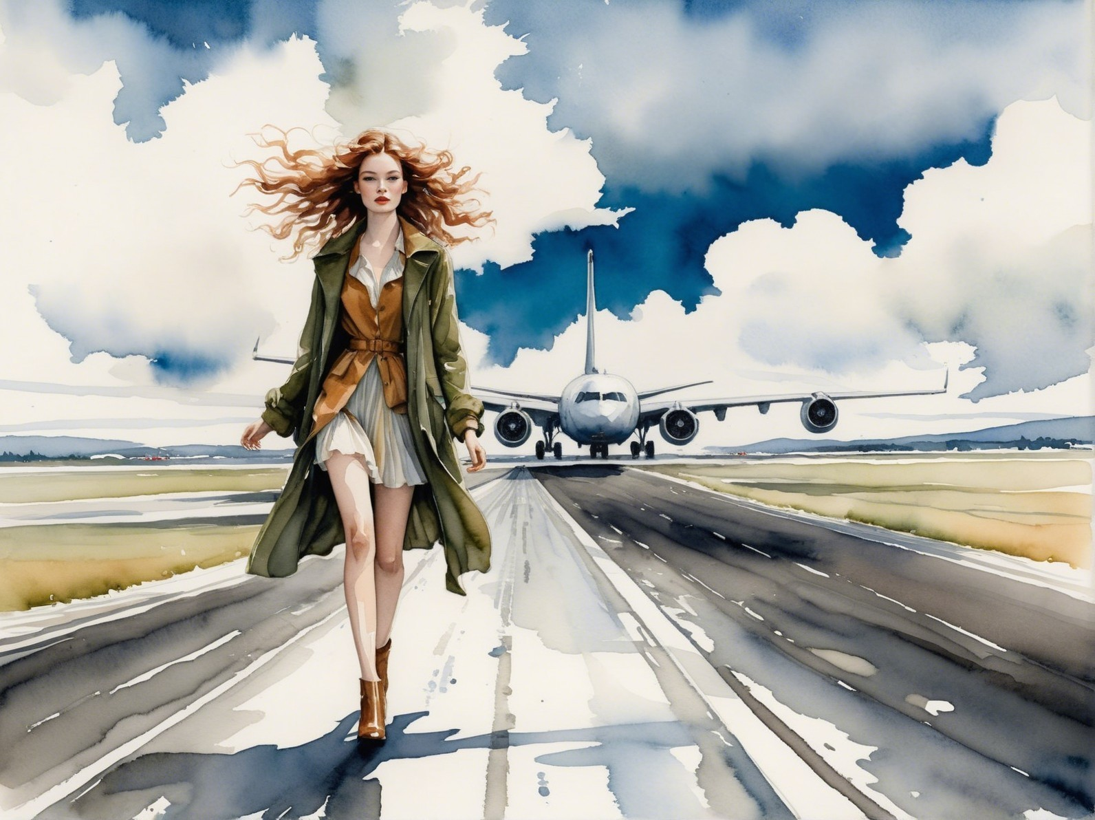 Elegant Woman on Airport Runway with Airplane Background