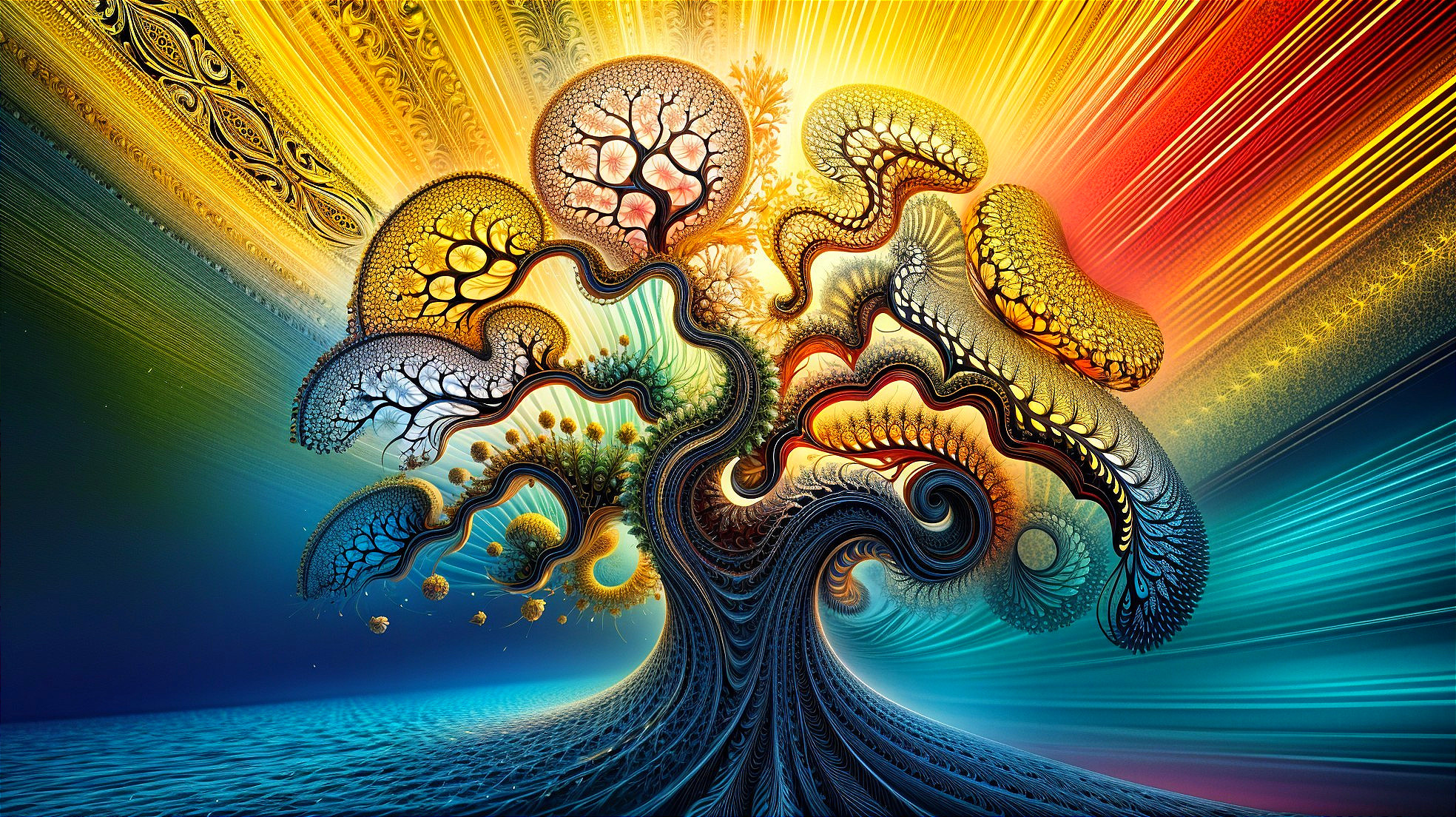 Intricate Fractal Tree with Colorful Glowing Leaves