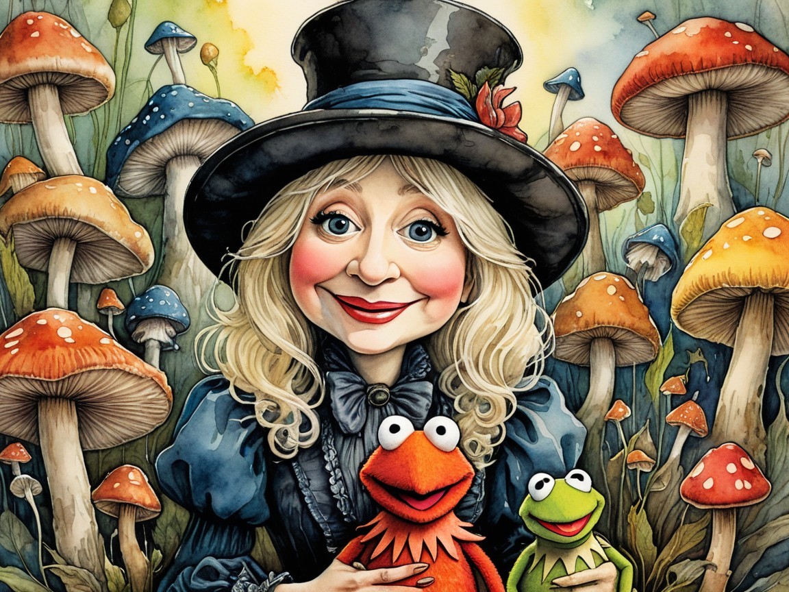 Whimsical Scene of Woman with Puppets and Mushrooms