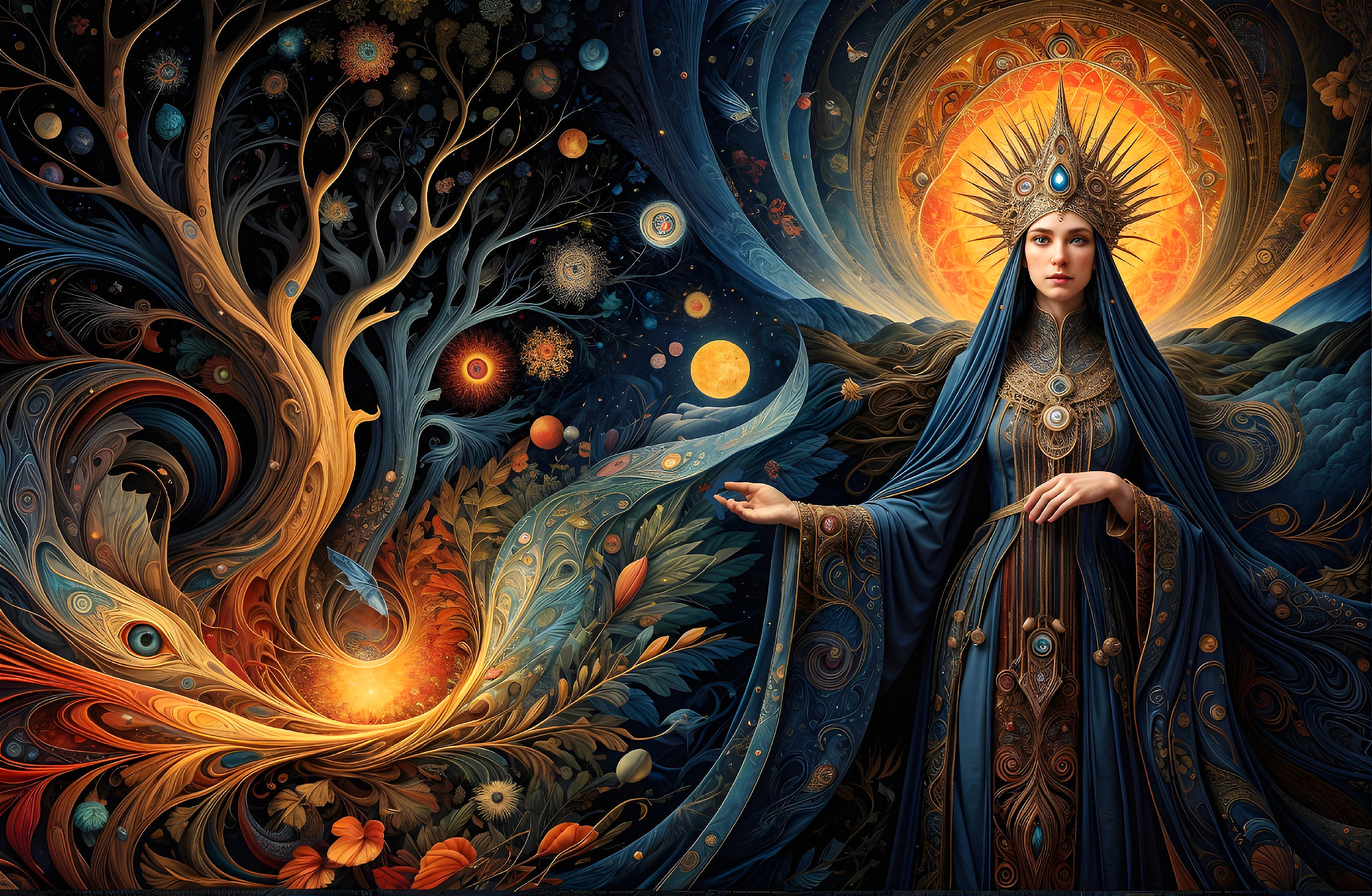 Regal Woman in Cosmic Landscape with Vibrant Elements