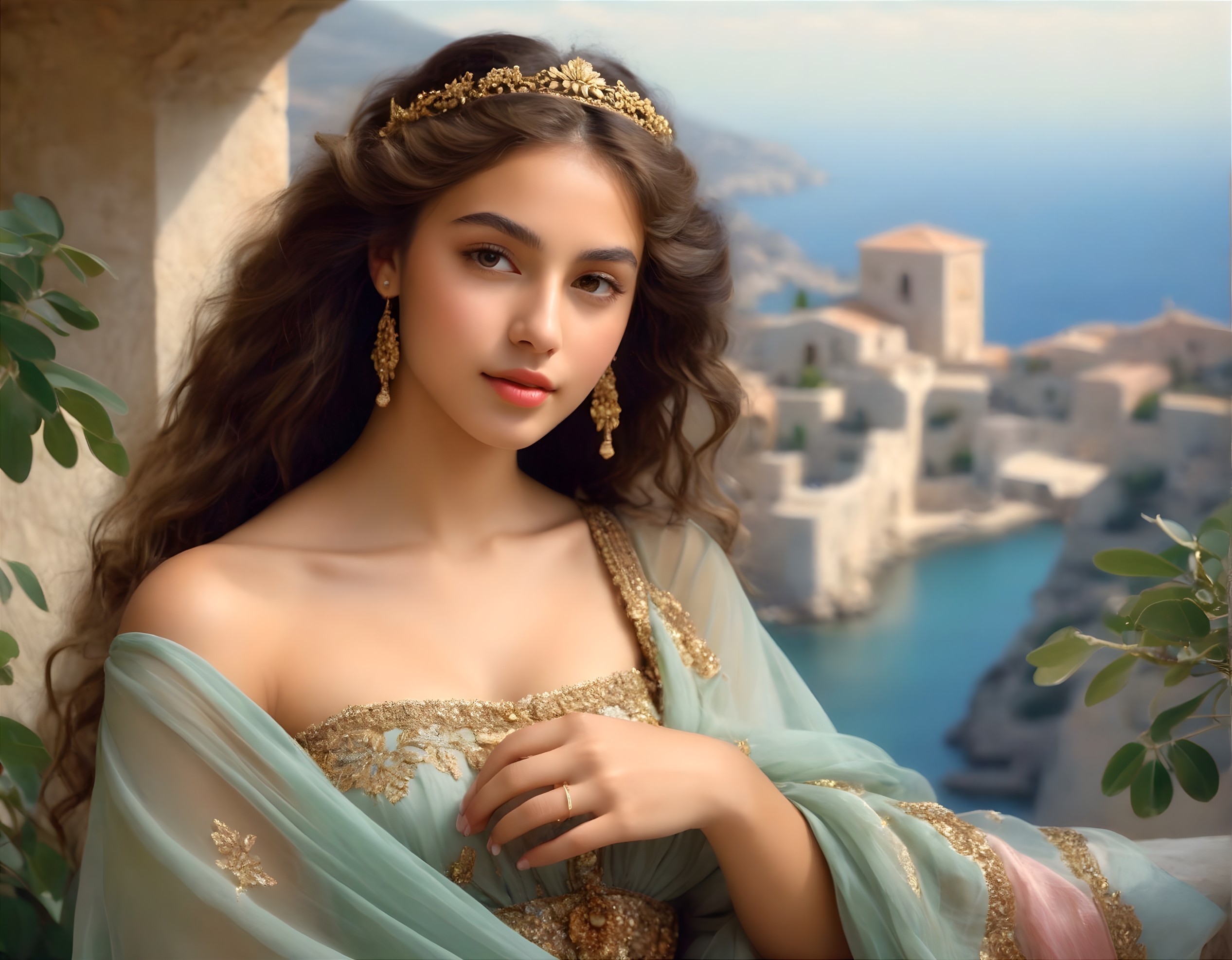 Elegant Young Woman in Gown by Coastal Village
