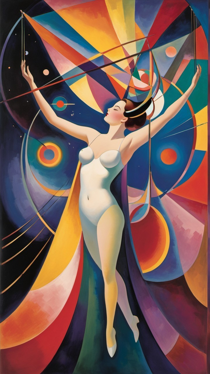 Woman in White Amidst Vibrant Geometric Shapes