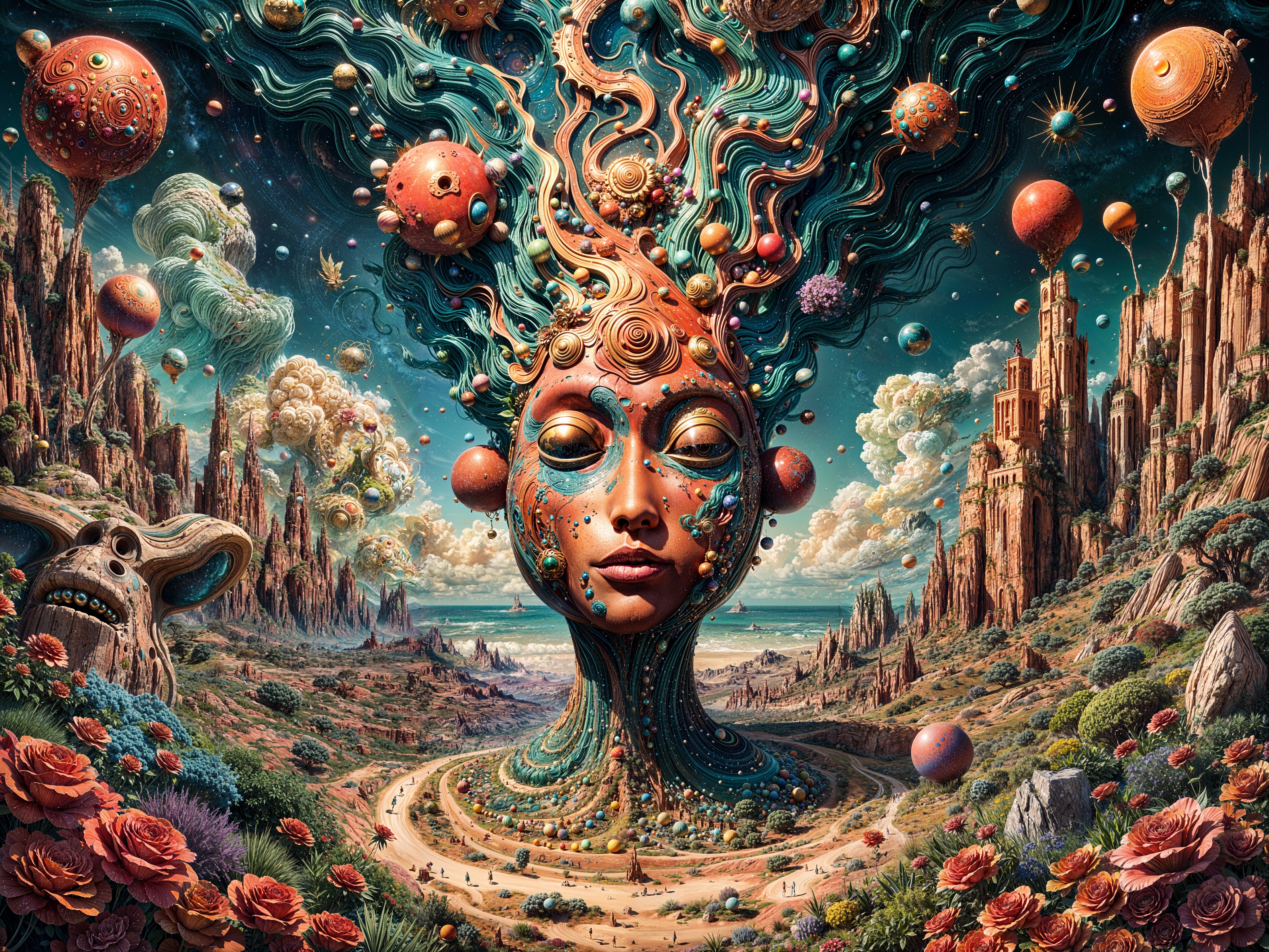 Surreal Landscape with Colossal Face and Vibrant Flora