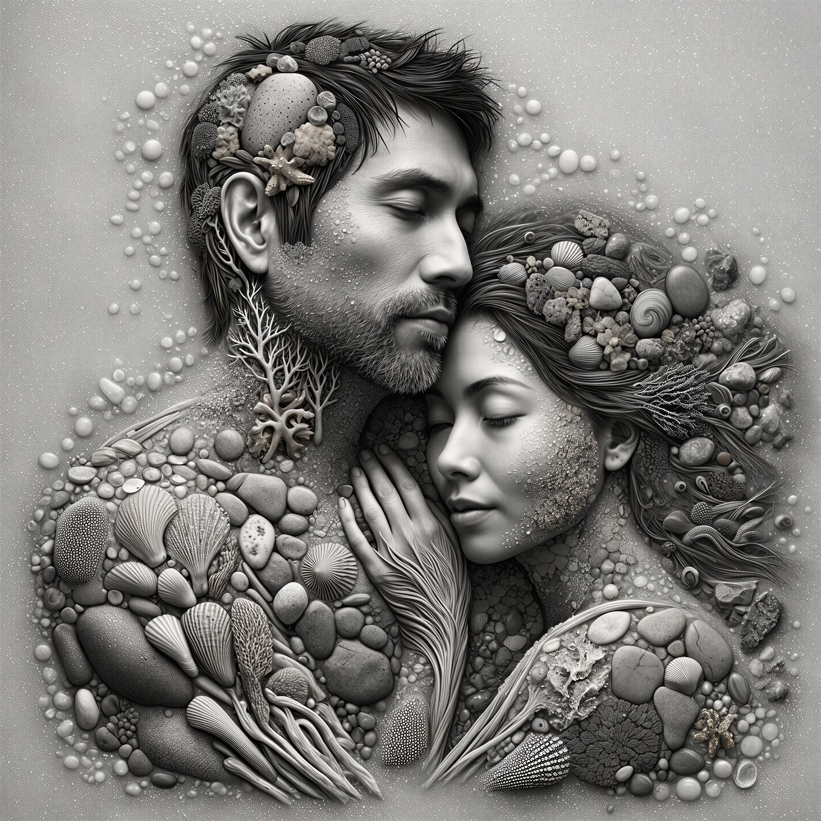 Monochromatic Artwork of Entwined Figures with Marine Motifs