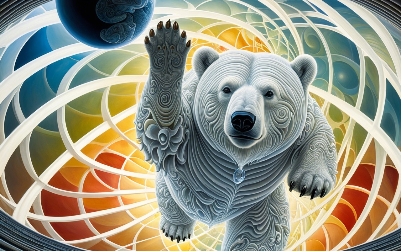 Polar bear reaching for a globe in vibrant art scene