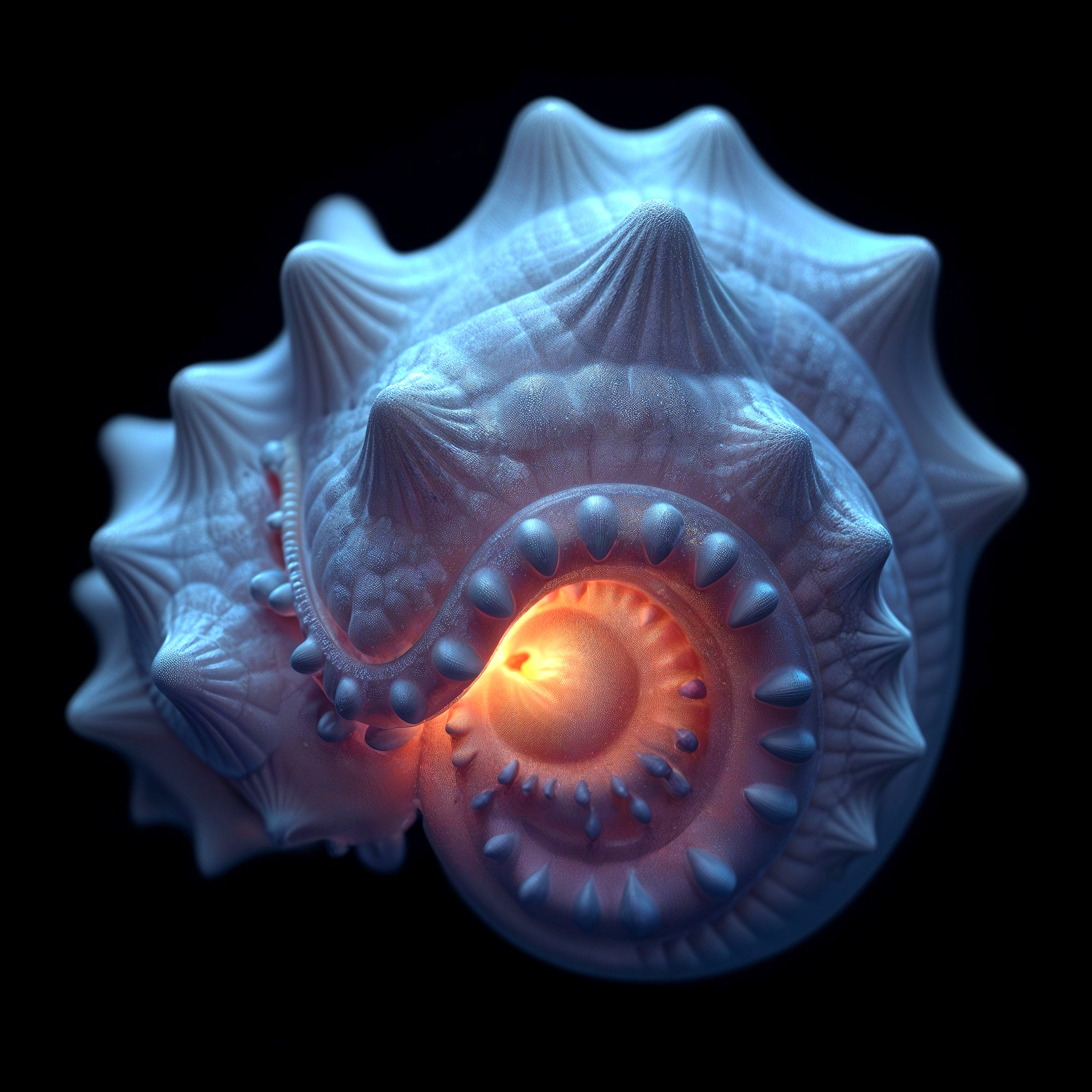 Close-Up of a Spiraled Seashell with Glowing Interior