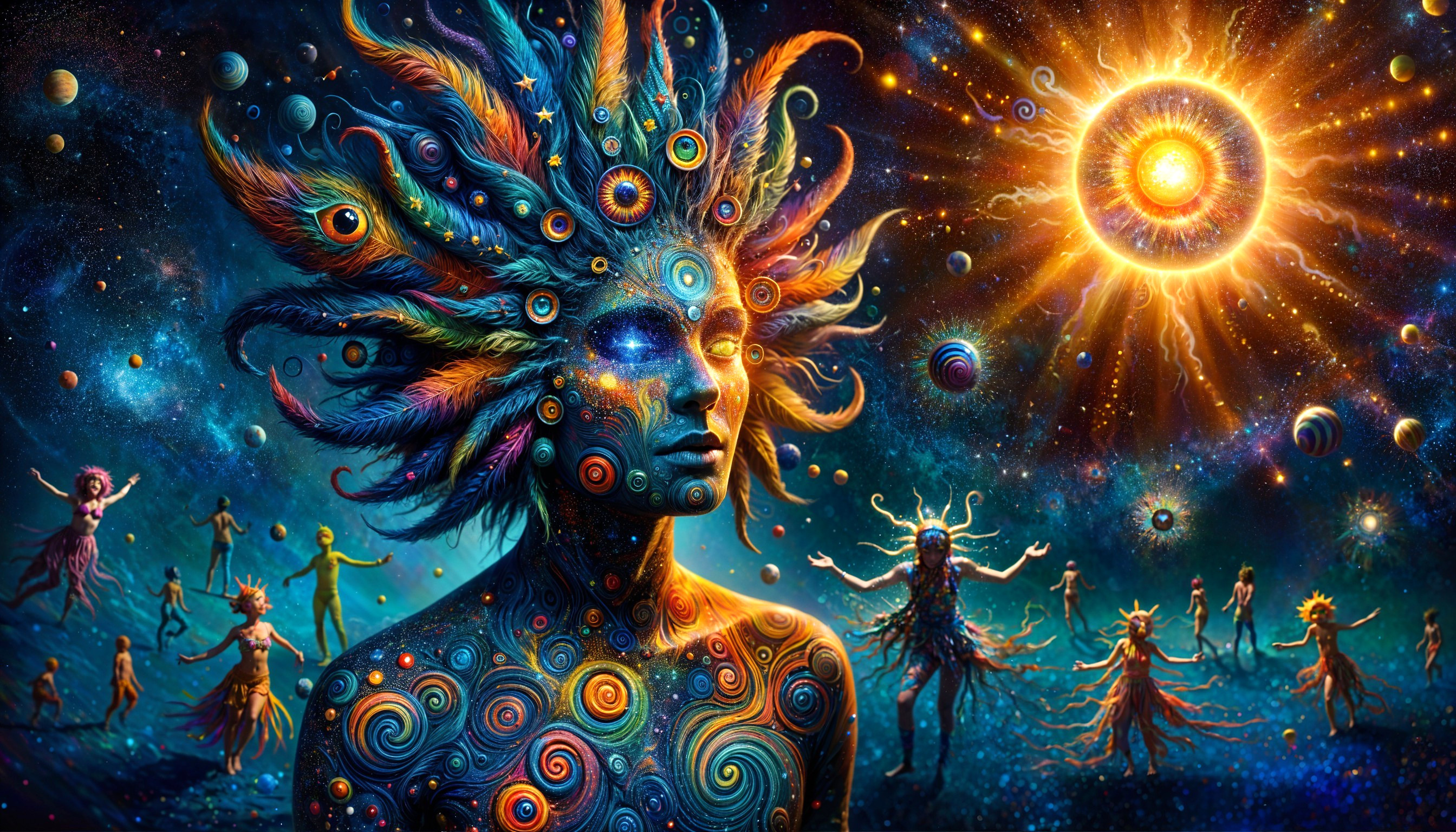 Surreal Cosmic Scene with Vibrant Human Figure