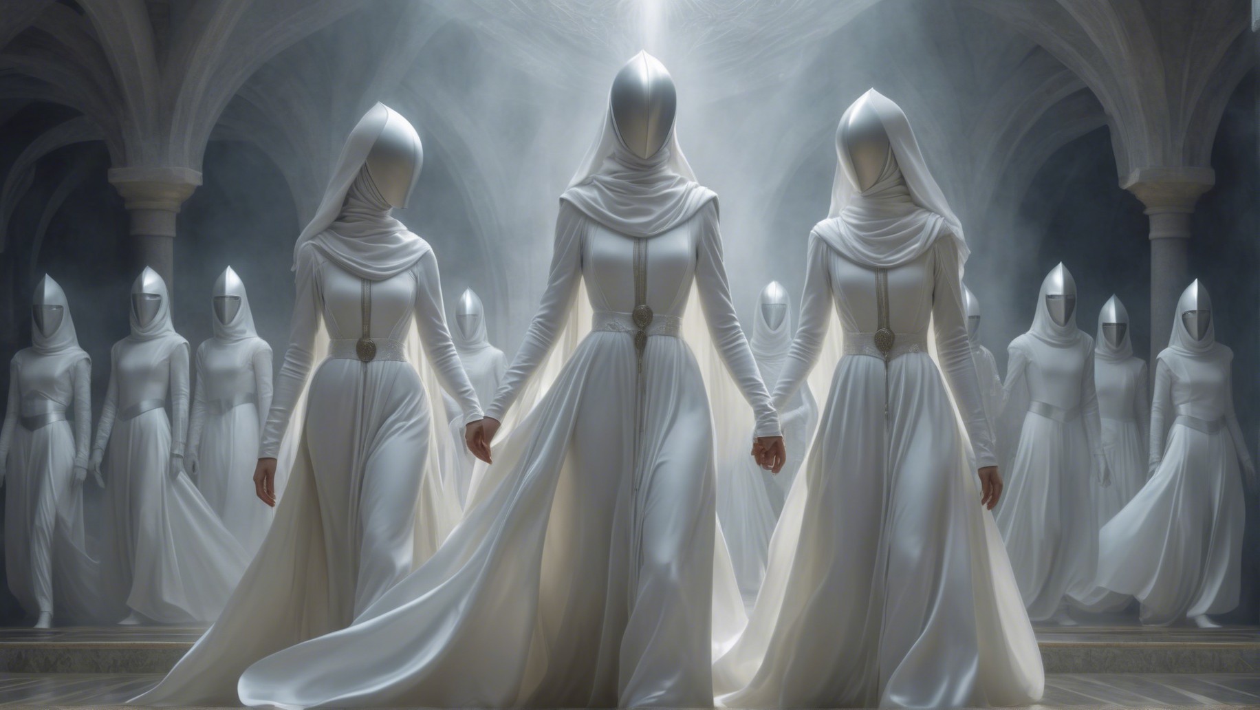 Ethereal Figures in White Robes in Mystical Setting