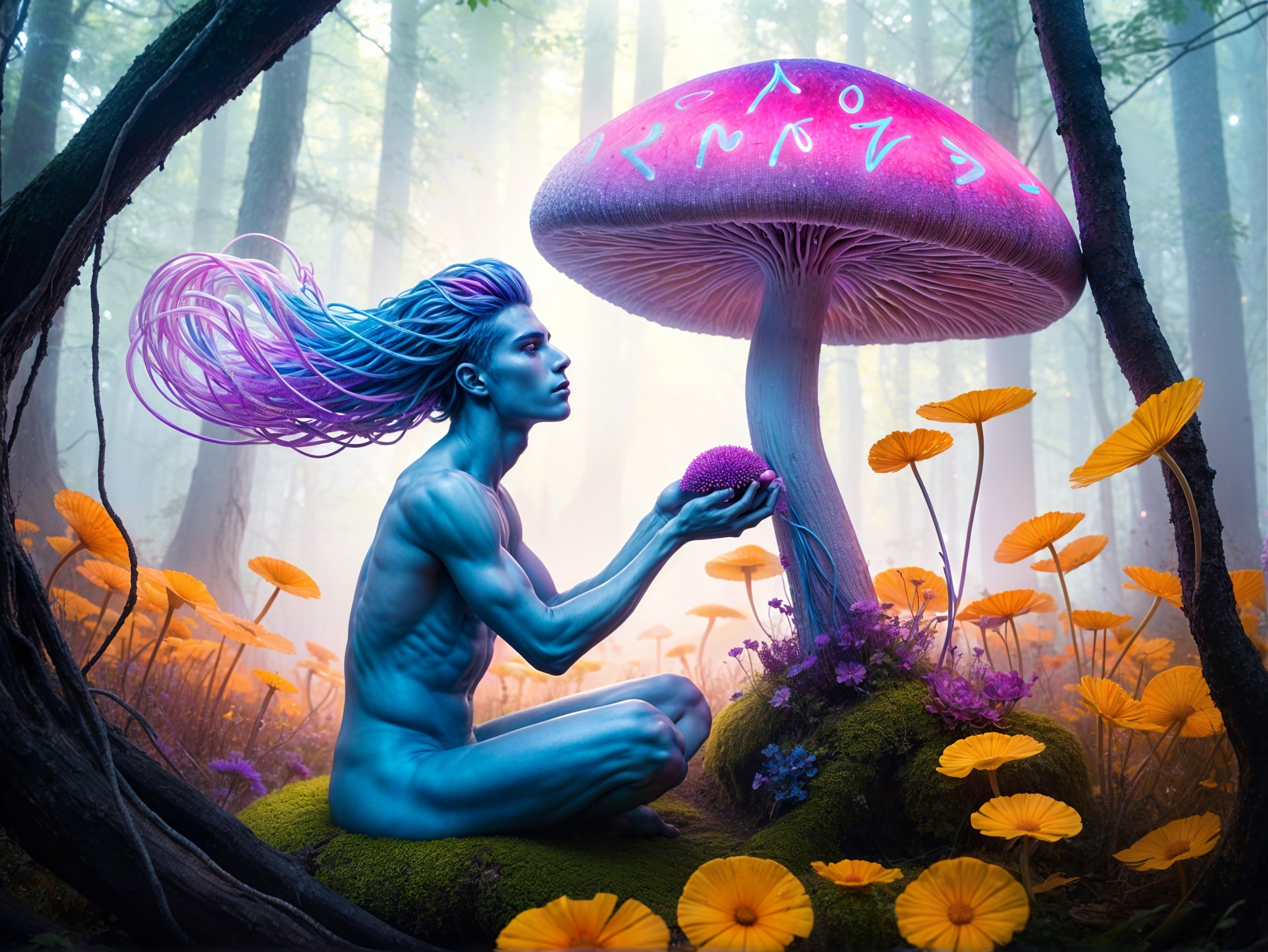 Surreal Figure in Mystical Forest with Luminescent Mushroom