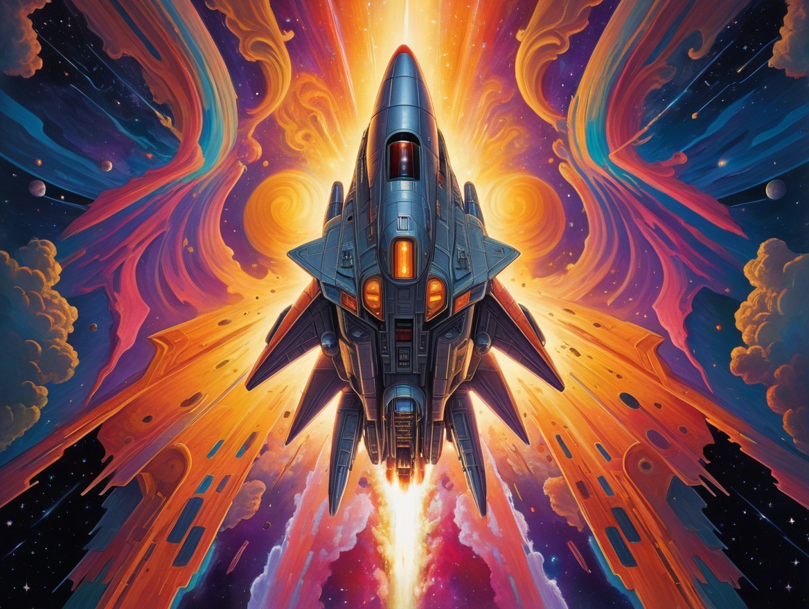 Futuristic spaceship in colorful cosmic nebulae