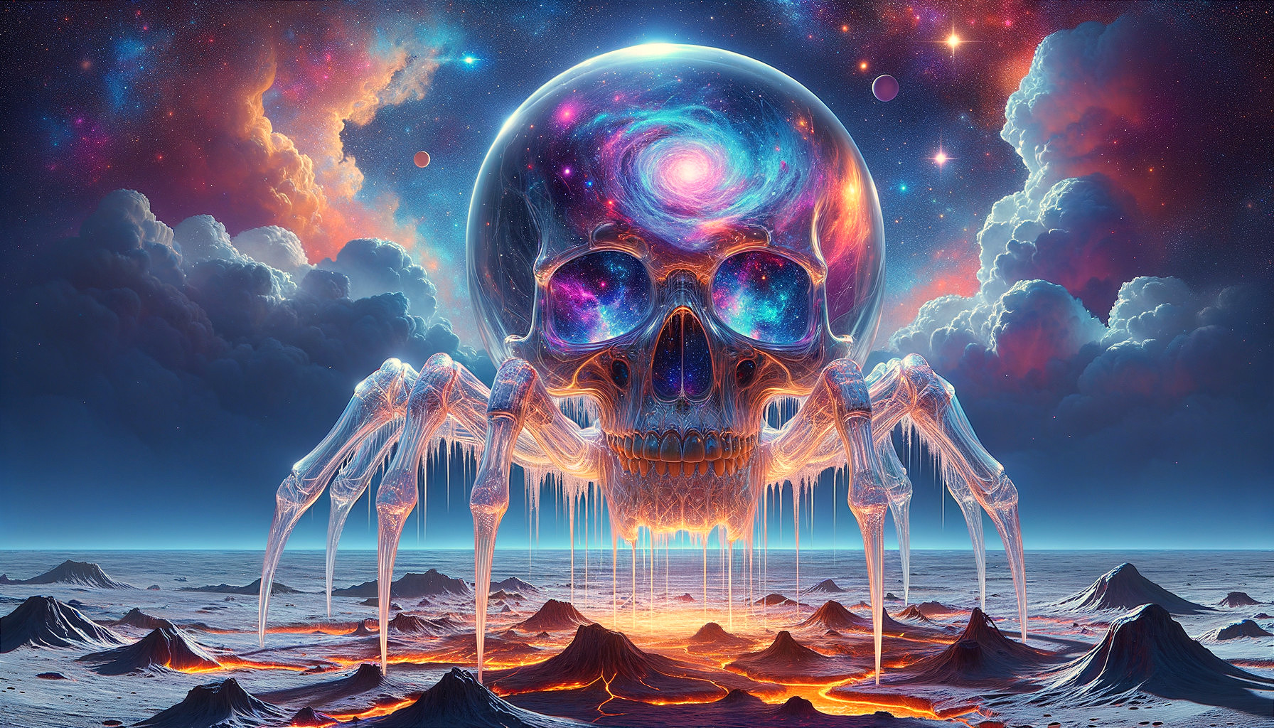 Cosmic Skull in Surreal Landscape with Crystalline Legs