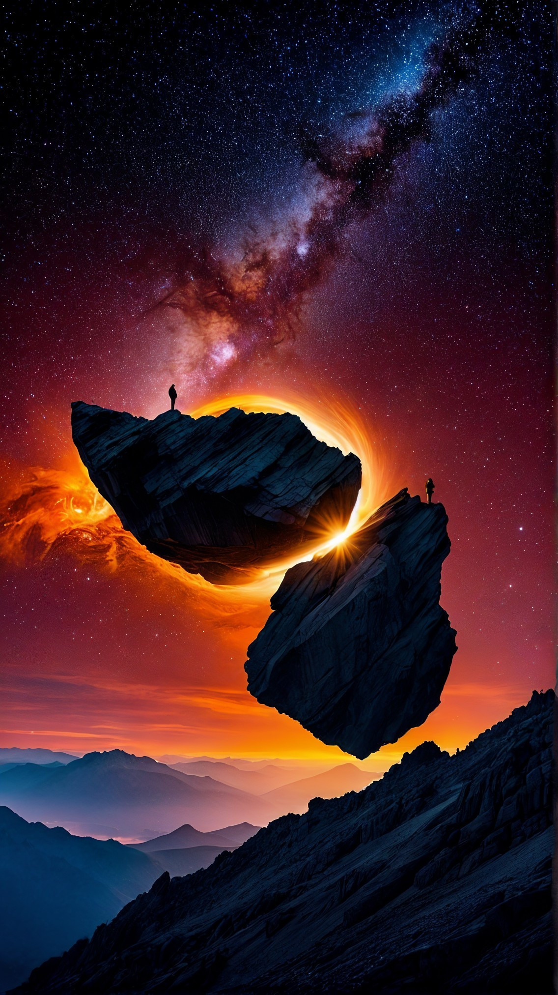 Surreal Landscape with Floating Rock Formations and Night Sky