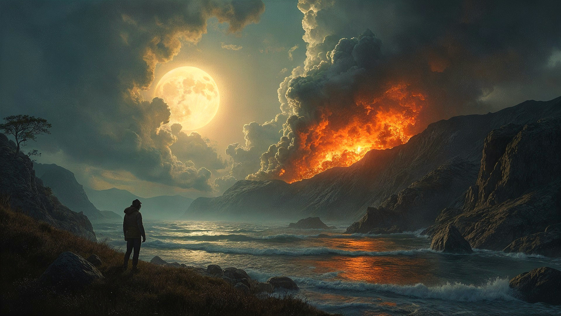 Lone Figure on Rocky Shore with Erupting Lava and Moon