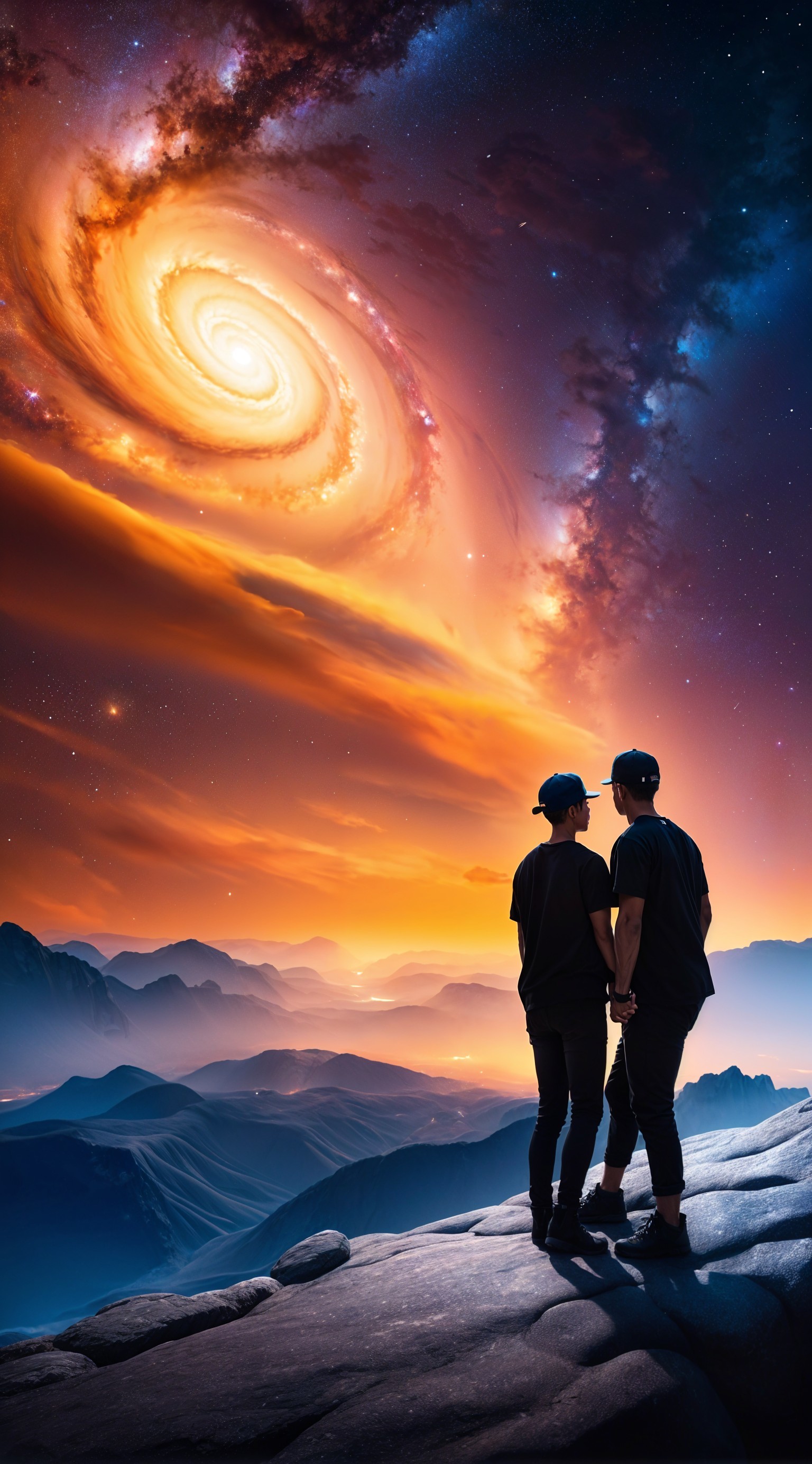 Cosmic Scene with Figures Gazing at a Galaxy