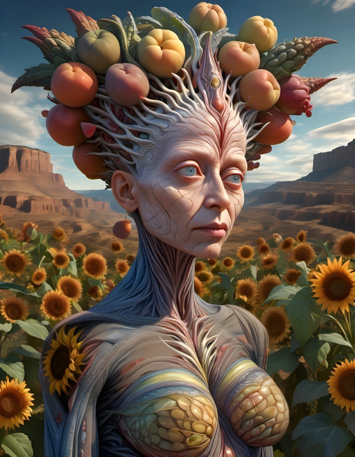 Digital artwork: humanoid figure with fruit headdress, sunflowers, desert landscape