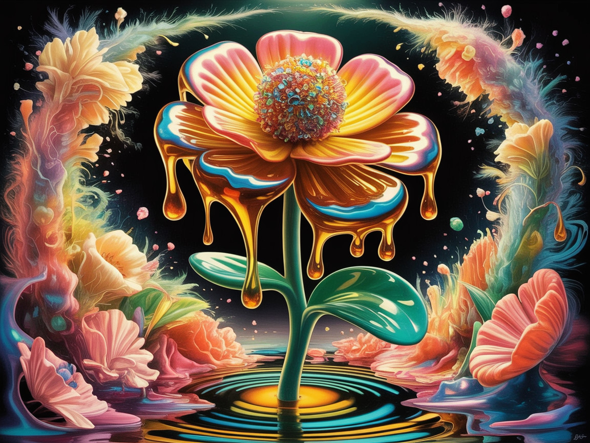 Surreal Flower with Golden Center on Dark Background