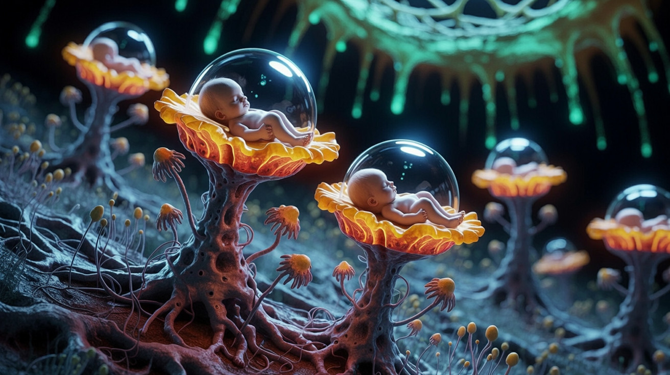 Surreal Landscape with Glowing Flowers and Bubbles